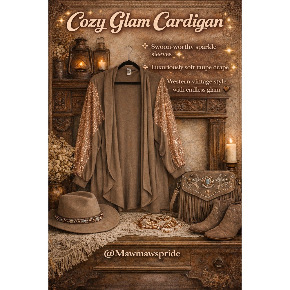 COZY‎ GLAM Curvy Sequin Sleeve Cardigan Taupe Rose Gold Sparkle XXL